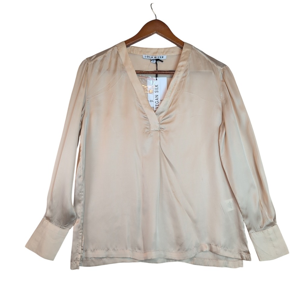 Lola River NEW NYC Vegan Silk V-Neck Blouse Champagne Beige XS Office Career